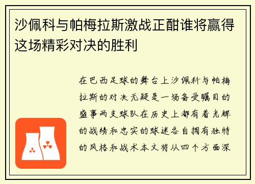 沙佩科与帕梅拉斯激战正酣谁将赢得这场精彩对决的胜利