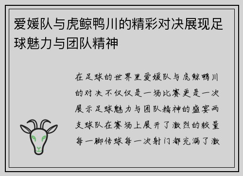 爱媛队与虎鲸鸭川的精彩对决展现足球魅力与团队精神
