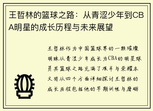 王哲林的篮球之路：从青涩少年到CBA明星的成长历程与未来展望