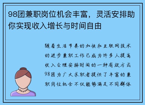 98团兼职岗位机会丰富，灵活安排助你实现收入增长与时间自由