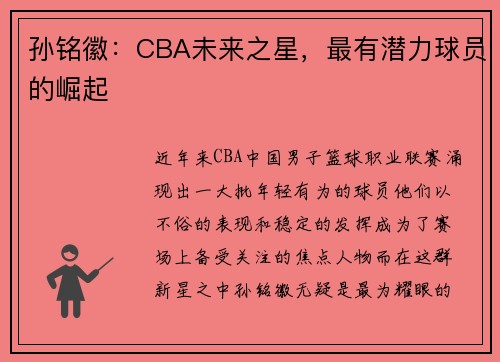 孙铭徽：CBA未来之星，最有潜力球员的崛起