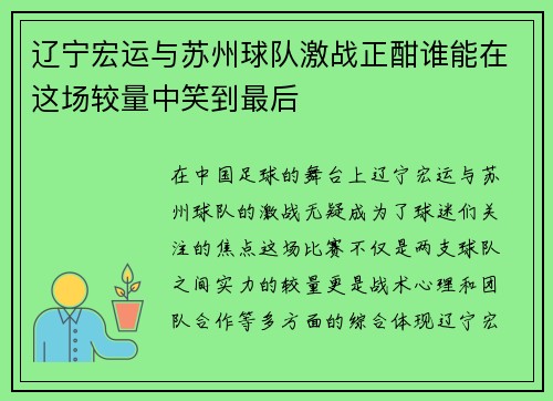 辽宁宏运与苏州球队激战正酣谁能在这场较量中笑到最后