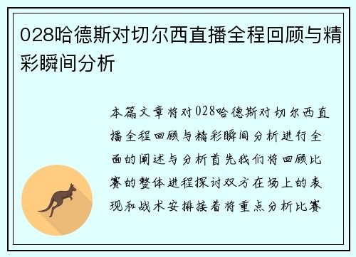 028哈德斯对切尔西直播全程回顾与精彩瞬间分析