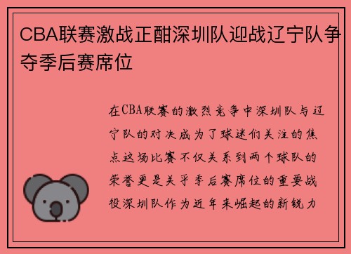 CBA联赛激战正酣深圳队迎战辽宁队争夺季后赛席位