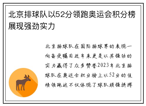 北京排球队以52分领跑奥运会积分榜展现强劲实力