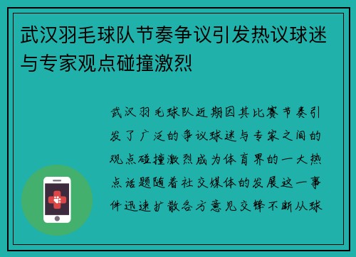 武汉羽毛球队节奏争议引发热议球迷与专家观点碰撞激烈