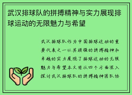 武汉排球队的拼搏精神与实力展现排球运动的无限魅力与希望