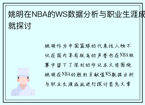 姚明在NBA的WS数据分析与职业生涯成就探讨