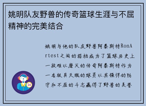 姚明队友野兽的传奇篮球生涯与不屈精神的完美结合