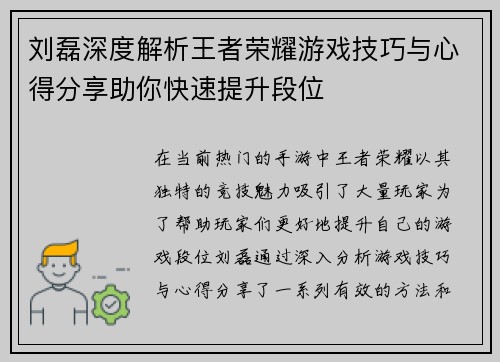 刘磊深度解析王者荣耀游戏技巧与心得分享助你快速提升段位