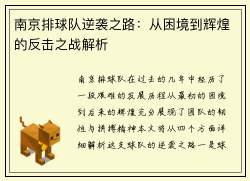南京排球队逆袭之路：从困境到辉煌的反击之战解析