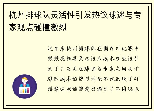 杭州排球队灵活性引发热议球迷与专家观点碰撞激烈