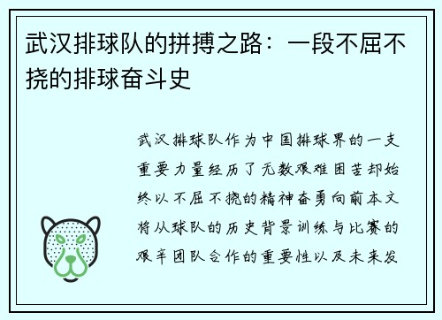 武汉排球队的拼搏之路：一段不屈不挠的排球奋斗史